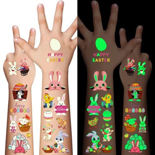80 leuchtende Ostertattoos für Kinder – Glow-in-the-Dark-Tattoos mit Zwergen, Eiern, Karotten, Hasen und Gesichtsmotiven – Partyzubehör und Geschenke