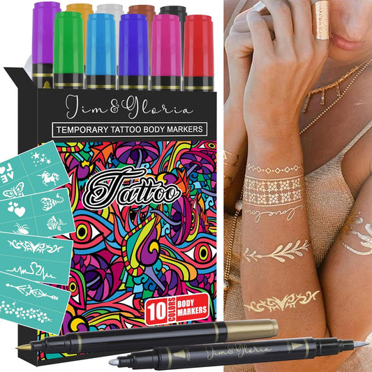 Jim&Gloria Body Art Tattoo Pen Dual Tip 10 Farben mit Gold & Silber – Temporäre Tattoo-Stifte für Haut, Körpermarker, Gesichtsbemalung, Geschenke für Teenager und Erwachsene