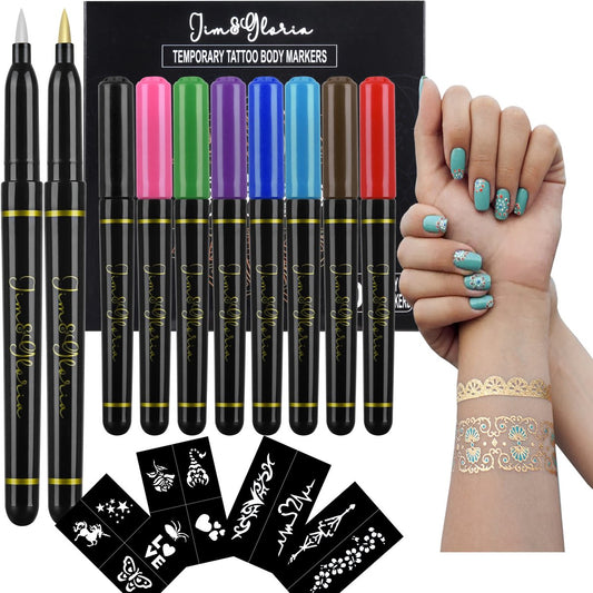 Jim&Gloria Hautmarker Set – 10 temporäre Tattoo-Stifte inkl. Gold & Silber – Falsche Körperbemalung, Weihnachts-Make-up, Gesichtsbemalung für Teenager, Erwachsene & Kinder