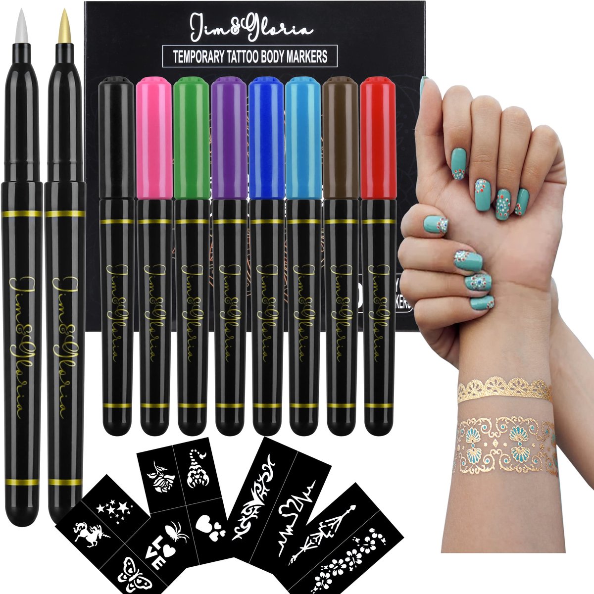 Jim&Gloria Hautmarker Set – 10 temporäre Tattoo-Stifte inkl. Gold & Silber – Falsche Körperbemalung, Weihnachts-Make-up, Gesichtsbemalung für Teenager, Erwachsene & Kinder