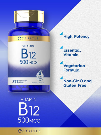 Carlyle Vitamin B-12 500 mcg – 300 Tabletten – Vegetarisch, Nicht-GVO, Glutenfrei