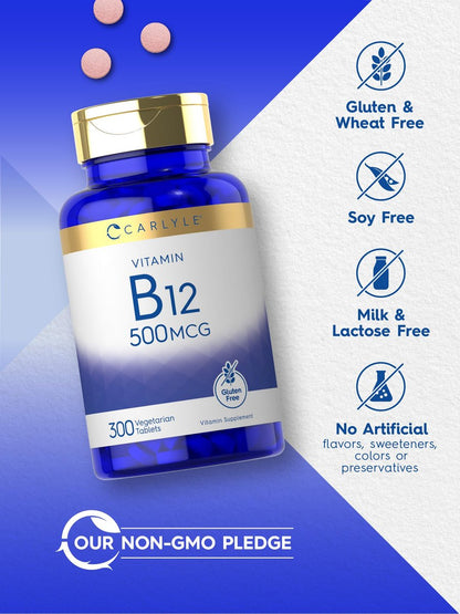 Carlyle Vitamin B-12 500 mcg – 300 Tabletten – Vegetarisch, Nicht-GVO, Glutenfrei