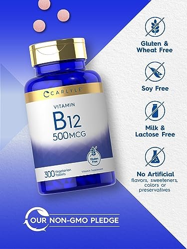 Carlyle Vitamin B-12 500 mcg – 300 Tabletten – Vegetarisch, Nicht-GVO, Glutenfrei