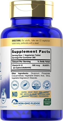 Carlyle Vitamin B-12 500 mcg – 300 Tabletten – Vegetarisch, Nicht-GVO, Glutenfrei