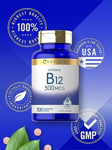 Carlyle Vitamin B-12 500 mcg – 300 Tabletten – Vegetarisch, Nicht-GVO, Glutenfrei