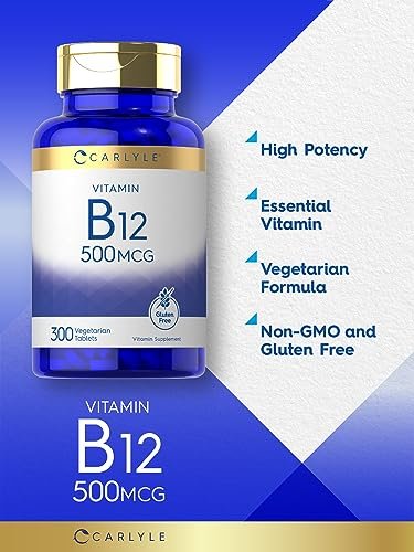 Carlyle Vitamin B-12 500 mcg – 300 Tabletten – Vegetarisch, Nicht-GVO, Glutenfrei