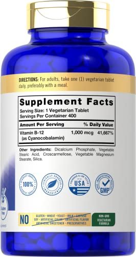Carlyle Vitamin B12 1000 mcg | 400 Tabletten | Vegetarisches, Nicht-GVO, Glutenfreies Nahrungsergänzungsmittel