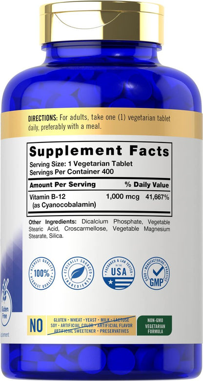 Carlyle Vitamin B12 1000 mcg | 400 Tabletten | Vegetarisches, Nicht-GVO, Glutenfreies Nahrungsergänzungsmittel