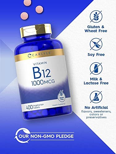 Carlyle Vitamin B12 1000 mcg | 400 Tabletten | Vegetarisches, Nicht-GVO, Glutenfreies Nahrungsergänzungsmittel