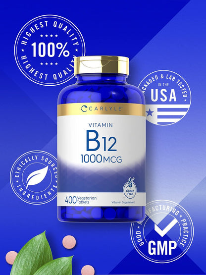 Carlyle Vitamin B12 1000 mcg | 400 Tabletten | Vegetarisches, Nicht-GVO, Glutenfreies Nahrungsergänzungsmittel