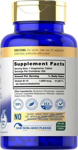 Carlyle B12 Vitamin 1000 mcg | 250 Tabletten | Zeitfreisetzung | Cyanocobalamin | Vegetarisch, Non-GMO & Glutenfrei