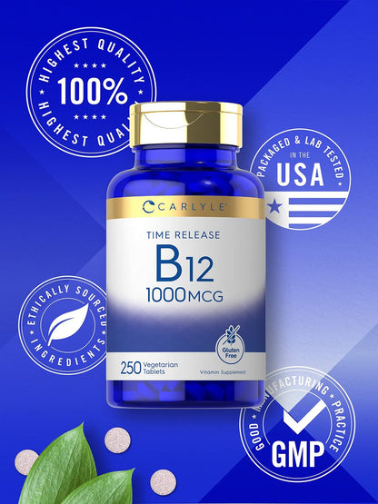 Carlyle B12 Vitamin 1000 mcg | 250 Tabletten | Zeitfreisetzung | Cyanocobalamin | Vegetarisch, Non-GMO & Glutenfrei