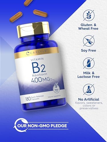 Carlyle Vitamin B-2 400 mg | 180 Kapseln | Nicht-GVO, Glutenfrei | B2 Riboflavin Nahrungsergänzungsmittel
