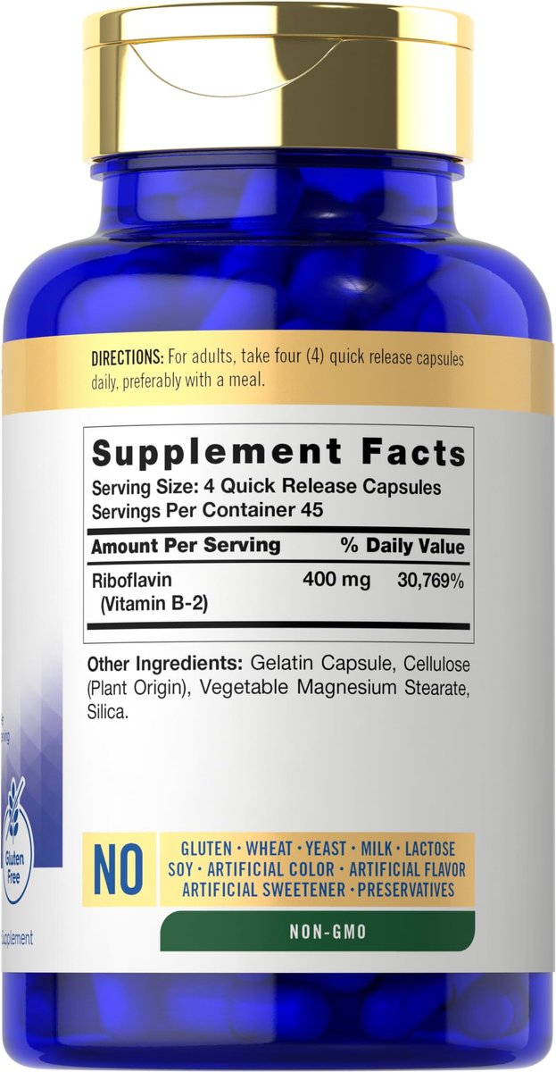Carlyle Vitamin B-2 400 mg | 180 Kapseln | Nicht-GVO, Glutenfrei | B2 Riboflavin Nahrungsergänzungsmittel