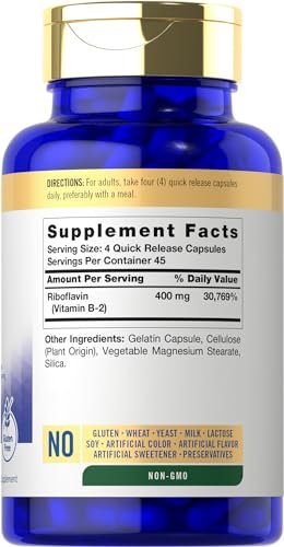 Carlyle Vitamin B-2 400 mg | 180 Kapseln | Nicht-GVO, Glutenfrei | B2 Riboflavin Nahrungsergänzungsmittel