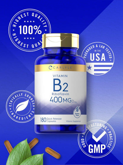 Carlyle Vitamin B-2 400 mg | 180 Kapseln | Nicht-GVO, Glutenfrei | B2 Riboflavin Nahrungsergänzungsmittel