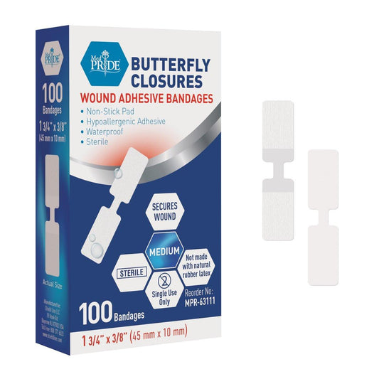 MED PRIDE Butterfly Wundverschlussstreifen – 100 sterile, hypoallergene, latexfreie Pflaster für Schnitte und Verletzungen (Medium)