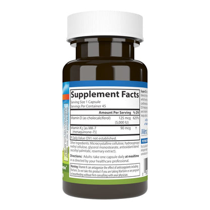 Carlson Super D3 + K2, 125 mcg (5000 IE) Vitamin D3, 90 mcg Vitamin K2 als MK-7, Knochenunterstützung, Kalziumaufnahme, 45 vegetarische Kapseln