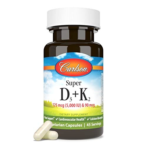 Carlson Super D3 + K2, 125 mcg (5000 IE) Vitamin D3, 90 mcg Vitamin K2 als MK-7, Knochenunterstützung, Kalziumaufnahme, 45 vegetarische Kapseln