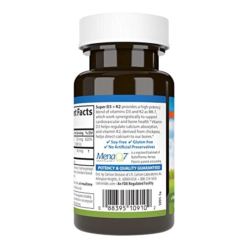 Carlson Super D3 + K2, 125 mcg (5000 IE) Vitamin D3, 90 mcg Vitamin K2 als MK-7, Knochenunterstützung, Kalziumaufnahme, 45 vegetarische Kapseln