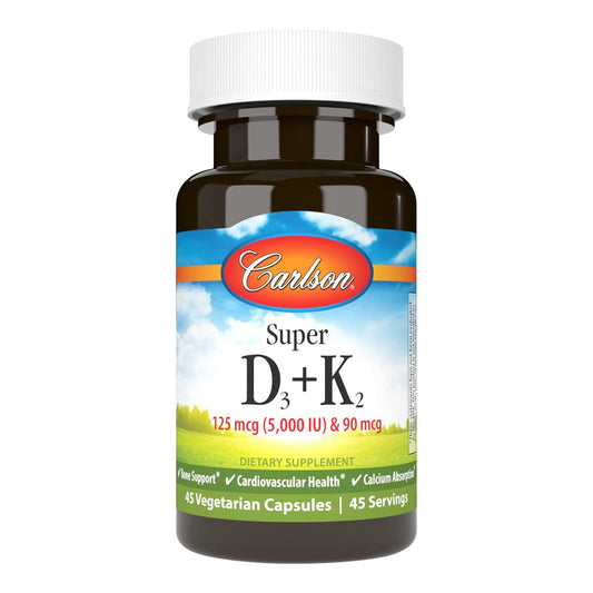 Carlson Super D3 + K2, 125 mcg (5000 IE) Vitamin D3, 90 mcg Vitamin K2 als MK-7, Knochenunterstützung, Kalziumaufnahme, 45 vegetarische Kapseln