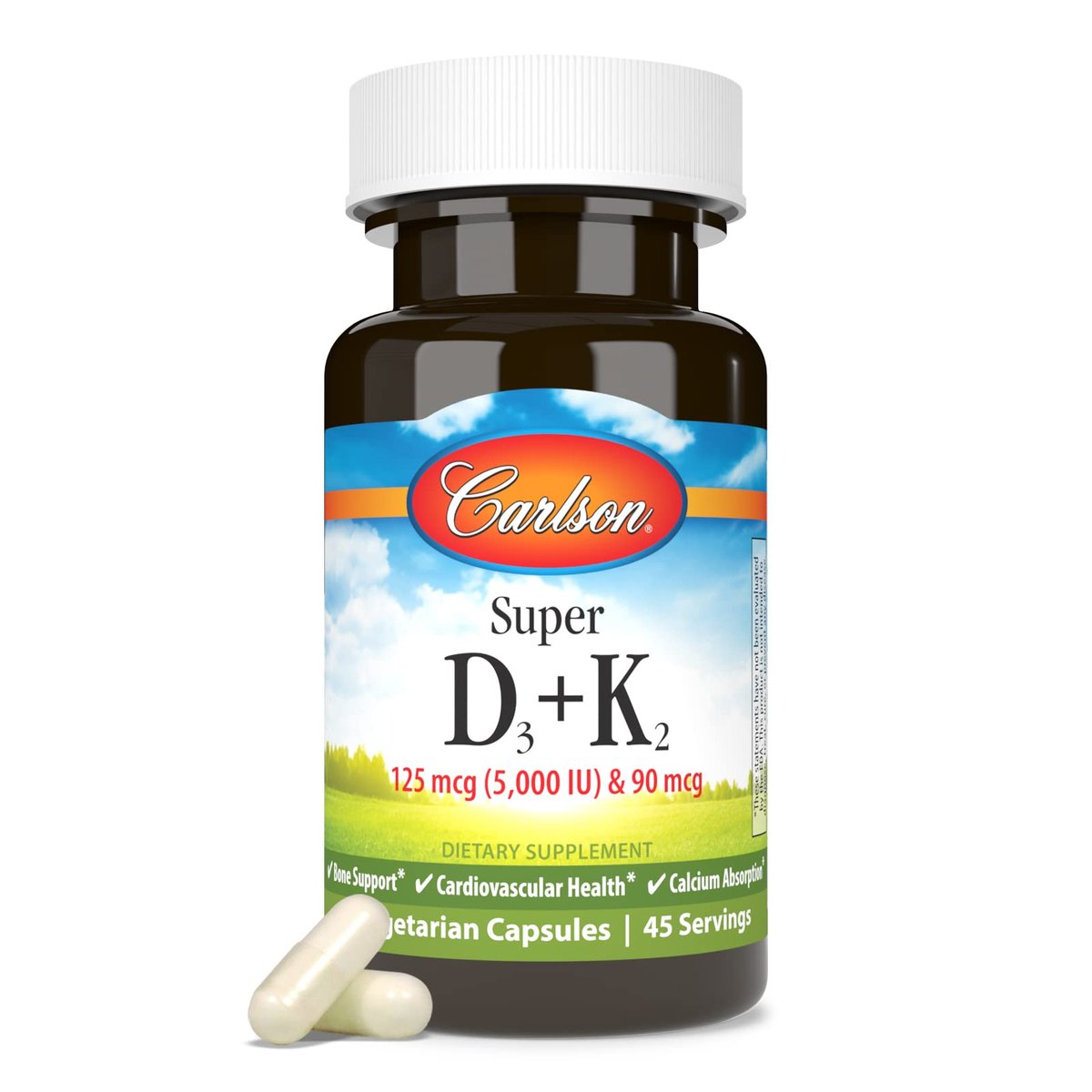 Carlson Super D3 + K2, 125 mcg (5000 IE) Vitamin D3, 90 mcg Vitamin K2 als MK-7, Knochenunterstützung, Kalziumaufnahme, 45 vegetarische Kapseln