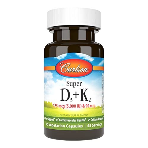 Carlson Super D3 + K2, 125 mcg (5000 IE) Vitamin D3, 90 mcg Vitamin K2 als MK-7, Knochenunterstützung, Kalziumaufnahme, 45 vegetarische Kapseln