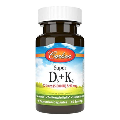 Carlson Super D3 + K2, 125 mcg (5000 IE) Vitamin D3, 90 mcg Vitamin K2 als MK-7, Knochenunterstützung, Kalziumaufnahme, 45 vegetarische Kapseln