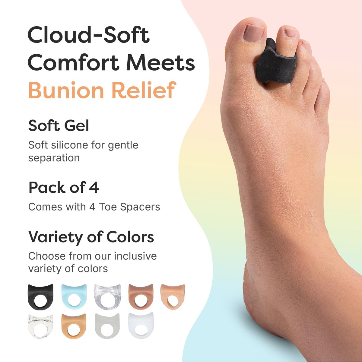 ZenToes Gel-Zehenspreizer für überlappende Zehen, Hallux Valgus, Großzehenausrichtung, Korrektur und Abstandshalter - 4er-Pack (Schwarz)