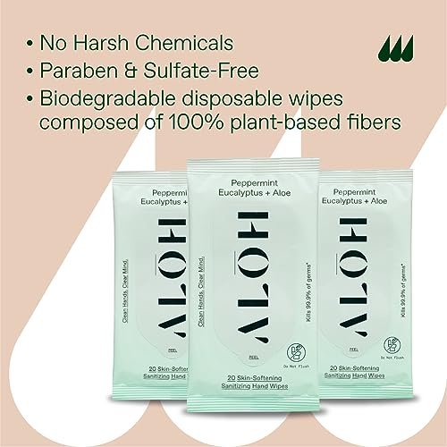 ALŌH Peppermint Eucalyptus + Aloe Handdesinfizierende Feuchttücher – Saubere Hände, klarer Geist unterwegs – Reisegröße 3er-Pack 20 Tücher (60 Tücher)