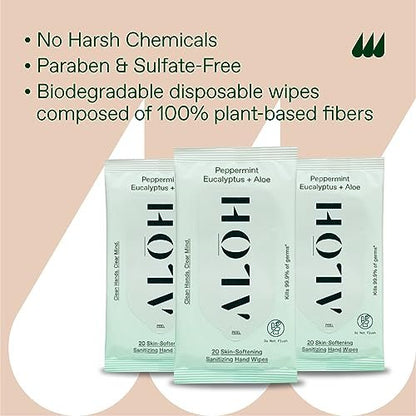 ALŌH Peppermint Eucalyptus + Aloe Handdesinfizierende Feuchttücher – Saubere Hände, klarer Geist unterwegs – Reisegröße 3er-Pack 20 Tücher (60 Tücher)