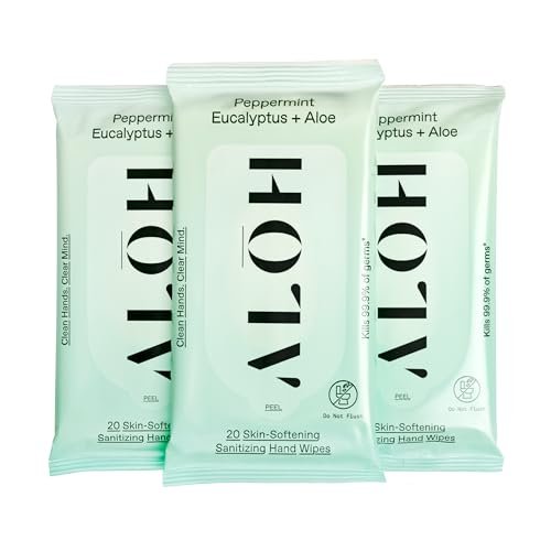 ALŌH Peppermint Eucalyptus + Aloe Handdesinfizierende Feuchttücher – Saubere Hände, klarer Geist unterwegs – Reisegröße 3er-Pack 20 Tücher (60 Tücher)