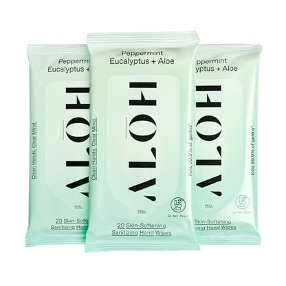 ALŌH Peppermint Eucalyptus + Aloe Handdesinfizierende Feuchttücher – Saubere Hände, klarer Geist unterwegs – Reisegröße 3er-Pack 20 Tücher (60 Tücher)