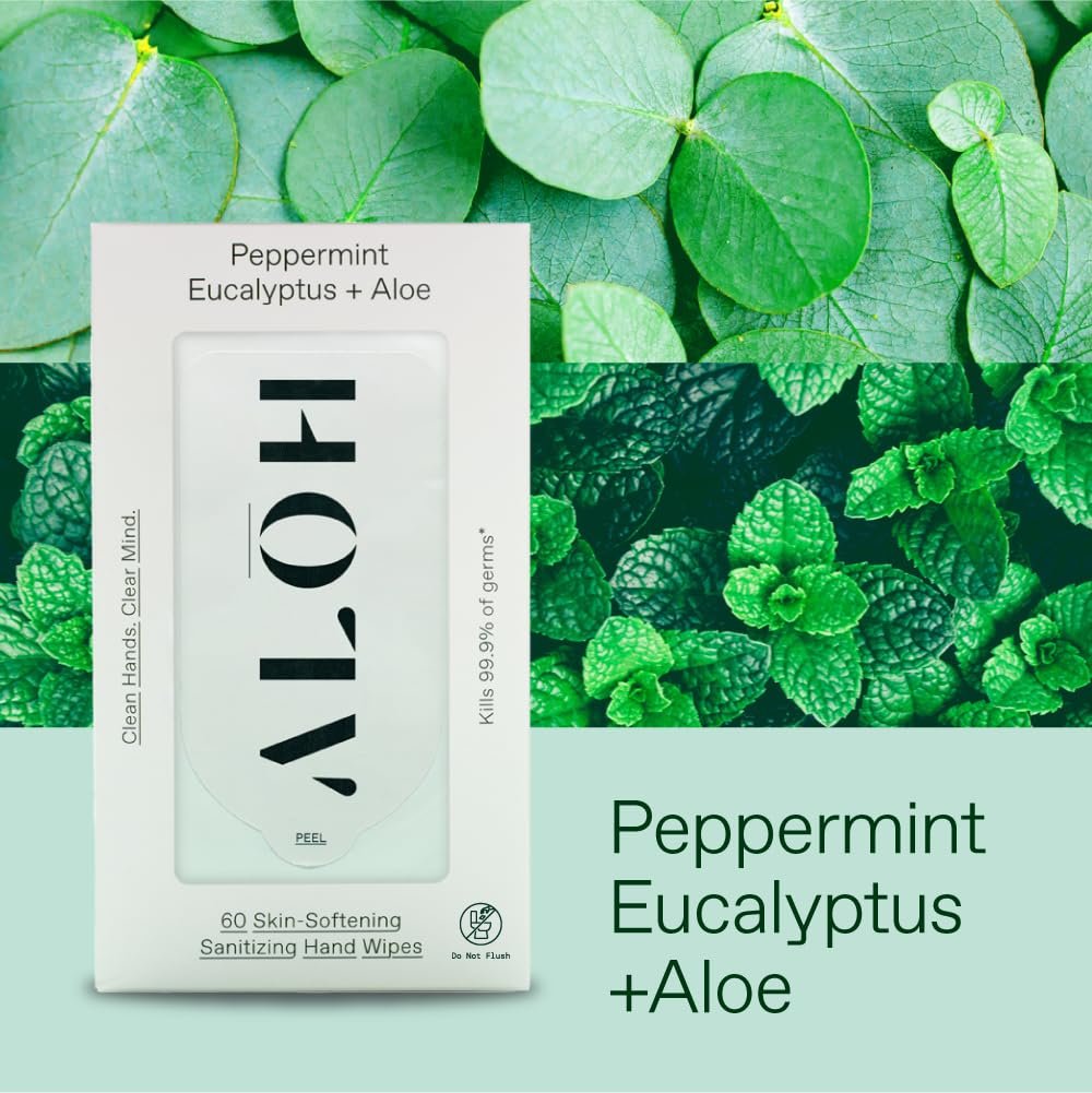 ALŌH Peppermint Eucalyptus + Aloe Handdesinfizierende Feuchttücher – Saubere Hände, klarer Geist unterwegs – Reisegröße 3er-Pack 20 Tücher (60 Tücher)