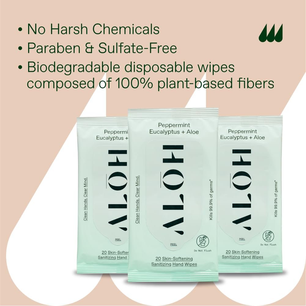 ALŌH Peppermint Eucalyptus + Aloe Handdesinfizierende Feuchttücher – Saubere Hände, klarer Geist unterwegs – Reisegröße 3er-Pack 20 Tücher (60 Tücher)