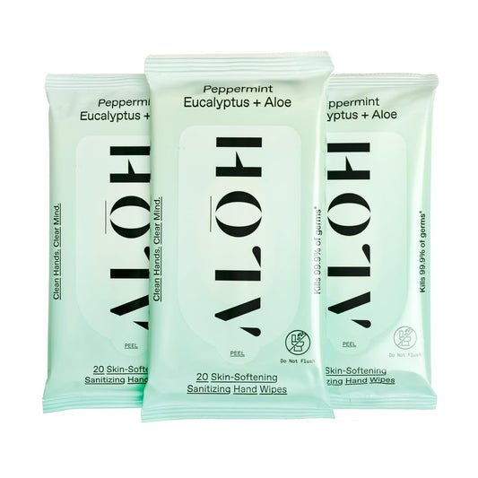 ALŌH Peppermint Eucalyptus + Aloe Handdesinfizierende Feuchttücher – Saubere Hände, klarer Geist unterwegs – Reisegröße 3er-Pack 20 Tücher (60 Tücher)