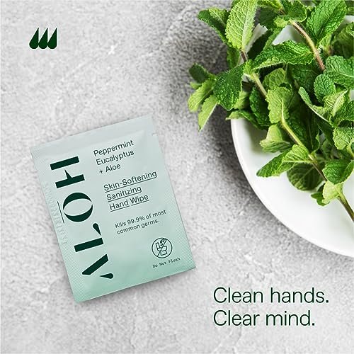 ALŌH Skin - Hautschonende Desinfektionstücher für die Hände – Pfefferminze + Eukalyptus Aloe (1 Box mit 20 einzeln verpackten Tüchern)