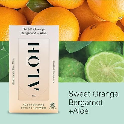 ALŌH Sweet Orange Bergamot + Aloe Handreinigungstücher - 3er-Pack mit 20 Tüchern (60 Tücher) - Für unterwegs - Für Kinder und Erwachsene