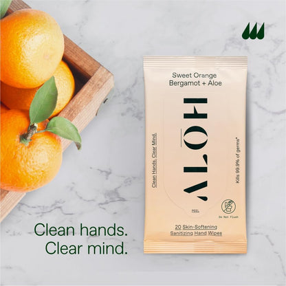 ALŌH Sweet Orange Bergamot + Aloe Handreinigungstücher - 3er-Pack mit 20 Tüchern (60 Tücher) - Für unterwegs - Für Kinder und Erwachsene