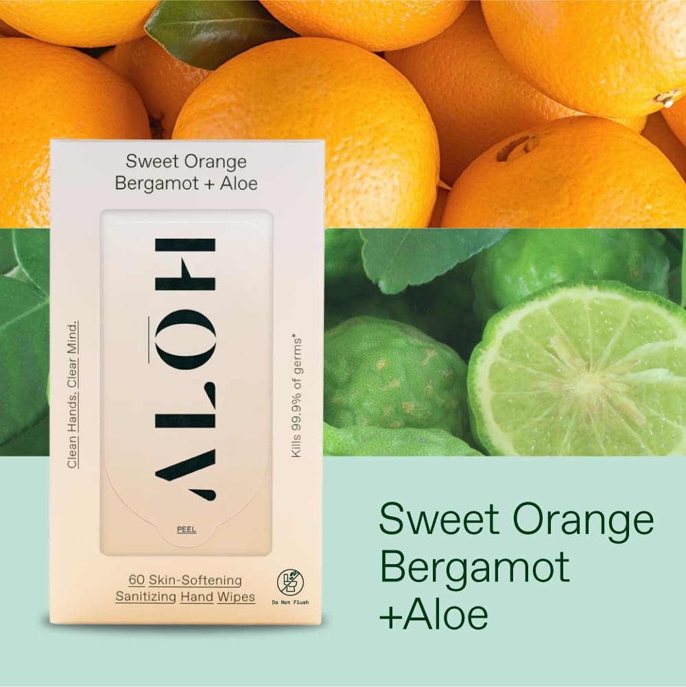 ALŌH Sweet Orange Bergamot + Aloe Handreinigungstücher - 3er-Pack mit 20 Tüchern (60 Tücher) - Für unterwegs - Für Kinder und Erwachsene