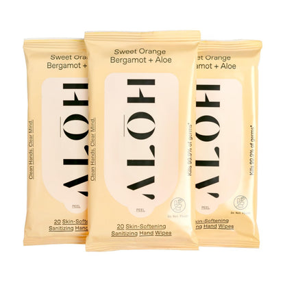 ALŌH Sweet Orange Bergamot + Aloe Handreinigungstücher - 3er-Pack mit 20 Tüchern (60 Tücher) - Für unterwegs - Für Kinder und Erwachsene