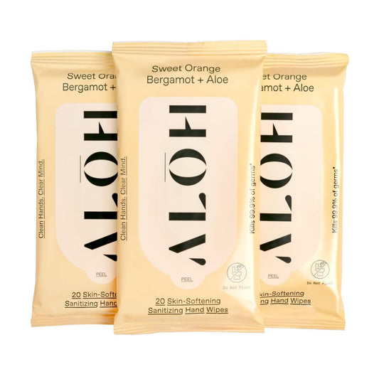 ALŌH Sweet Orange Bergamot + Aloe Handreinigungstücher - 3er-Pack mit 20 Tüchern (60 Tücher) - Für unterwegs - Für Kinder und Erwachsene