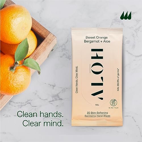 ALŌH Sweet Orange Bergamot + Aloe Handreinigungstücher - 3er-Pack mit 20 Tüchern (60 Tücher) - Für unterwegs - Für Kinder und Erwachsene