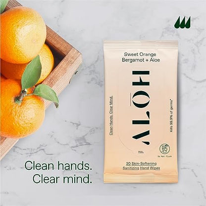 ALŌH Sweet Orange Bergamot + Aloe Handreinigungstücher - 3er-Pack mit 20 Tüchern (60 Tücher) - Für unterwegs - Für Kinder und Erwachsene