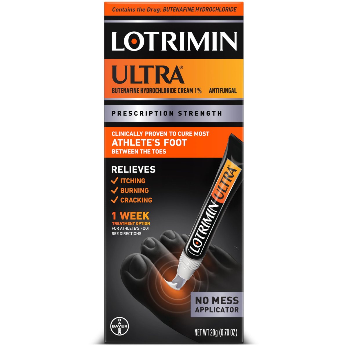 Lotrimin Ultra Fußpilz Creme mit No-Touch-Applikator, 1-Wochen-Behandlung, verschreibungspflichtige Stärke, Butenafinhydrochlorid 1%, 20 g