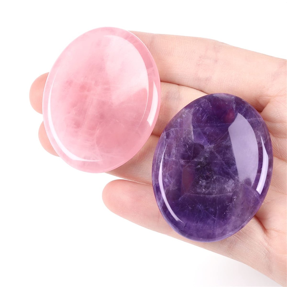 YATOJUZI Daumen-Sorgensteine zur Angstbewältigung – Heilende Kristalle Amethyst und Rosenquarz – Taschenkiesel für Meditation, Reiki, spirituelle Geschenke für Frauen und Männer (2 Stück)