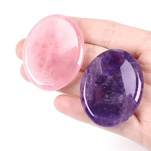 YATOJUZI Daumen-Sorgensteine zur Angstbewältigung – Heilende Kristalle Amethyst und Rosenquarz – Taschenkiesel für Meditation, Reiki, spirituelle Geschenke für Frauen und Männer (2 Stück)