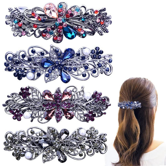 4 Stück Haarspangen mit Blumenkristall-Rhinestones und Perlen für Damen – Gold und Blau – Feder-Haarclip-Set für den täglichen Gebrauch und als Muttertagsgeschenk