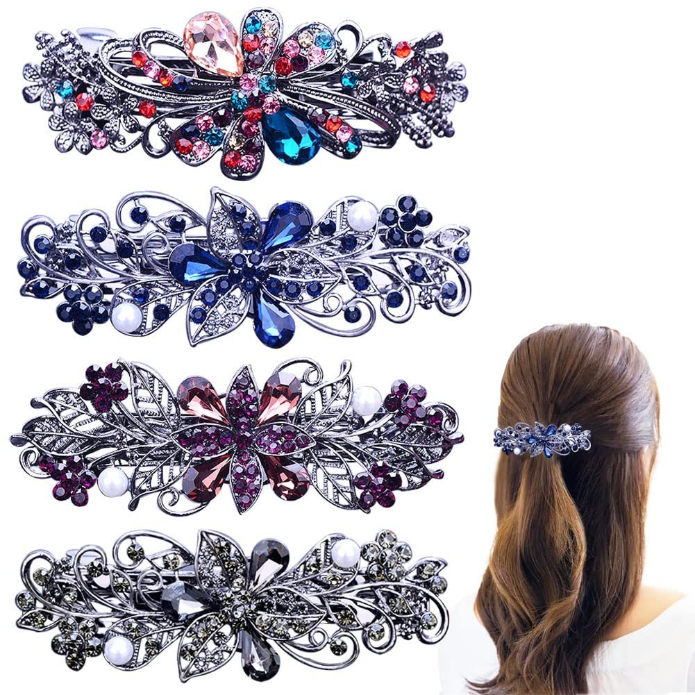 4 Stück Haarspangen mit Blumenkristall-Rhinestones und Perlen für Damen – Gold und Blau – Feder-Haarclip-Set für den täglichen Gebrauch und als Muttertagsgeschenk