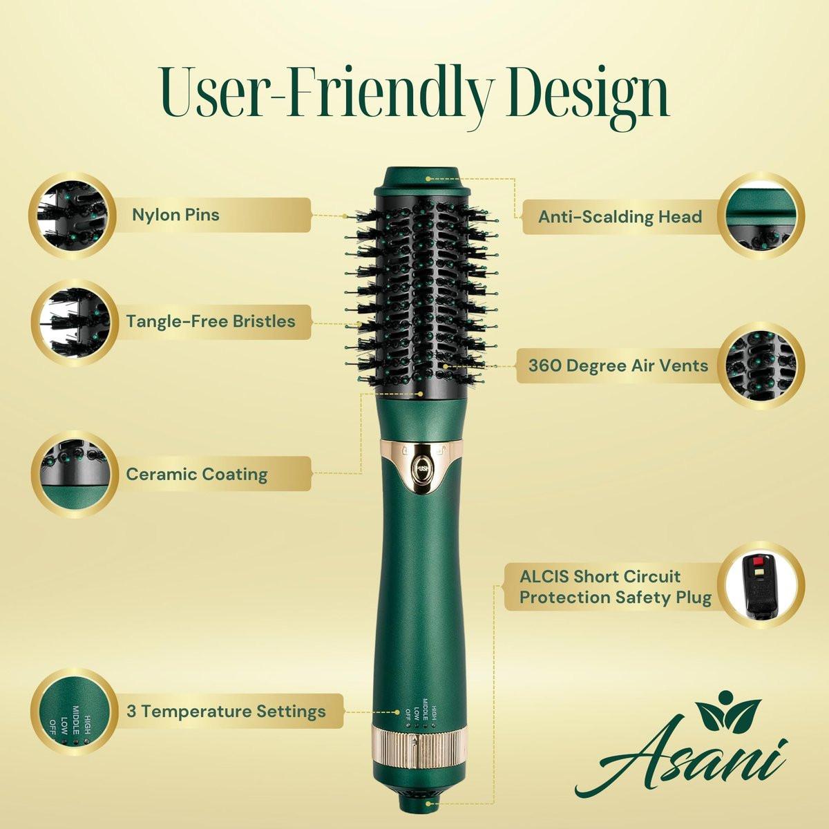 Asani Heißluftbürste - Multifunktionaler Föhnbürste mit austauschbaren Aufsätzen, beheizte Rundbürste zum Locken oder Glätten, Volumen- und Styling-Tool für alle Haartypen